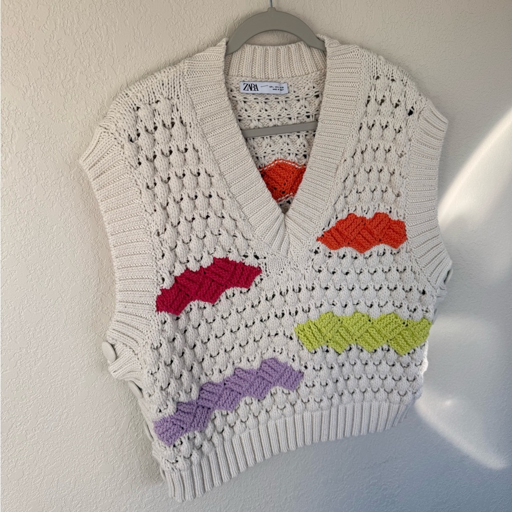Zara Womens Multicolor Chunky Knit V-Neck Sleeveless Sweater Vest Size Large - Picture 7 of 14